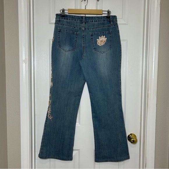 Boston Proper Stretch Blue Wash Mid Rise Flare Bead Embroidery Floral Jeans 12 - Picture 6 of 16